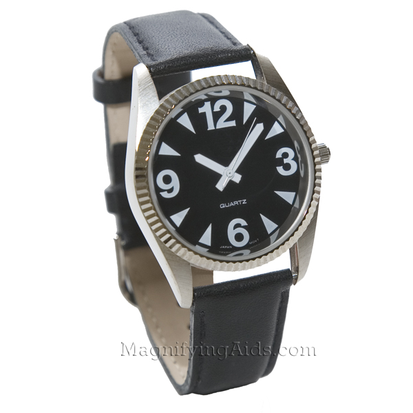 Men's Silver Tone Low Vision Watch - Black Leather Band